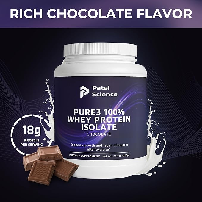 Pure3 100% Whey Protein Isolate - Whey Protein Powder for Women &amp Men Mixable Powder for Fitness &amp Gym - Chocolate 24.7oz (700g)