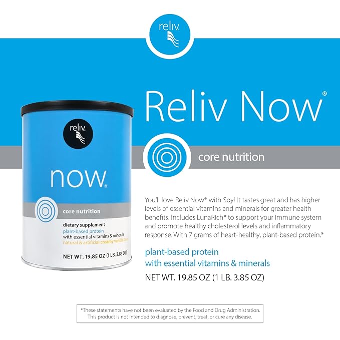 RELIV Now with Soy Creamy Vanilla - Plant-Based Protein Shake with 7g Protein and Minerals Dairy-Free Gluten-Free 30 Servings 19.85 oz