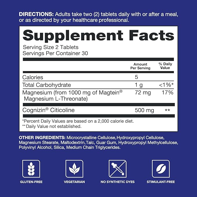 Qunol Brain Health Memory Plus Magnesium L-Threonate &amp Citicoline Clinically Tested Ingredients to Improve Memory Focus Attention and Productivity 60 Count (Pack of 1)