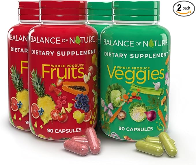 Balance of Nature Fruits &amp Veggies Supplements - Whole Fruit and Vegetable Ingredients for Women Men and Kids - 90 Fruits Capsules 90 Veggies Capsules - 2 Sets