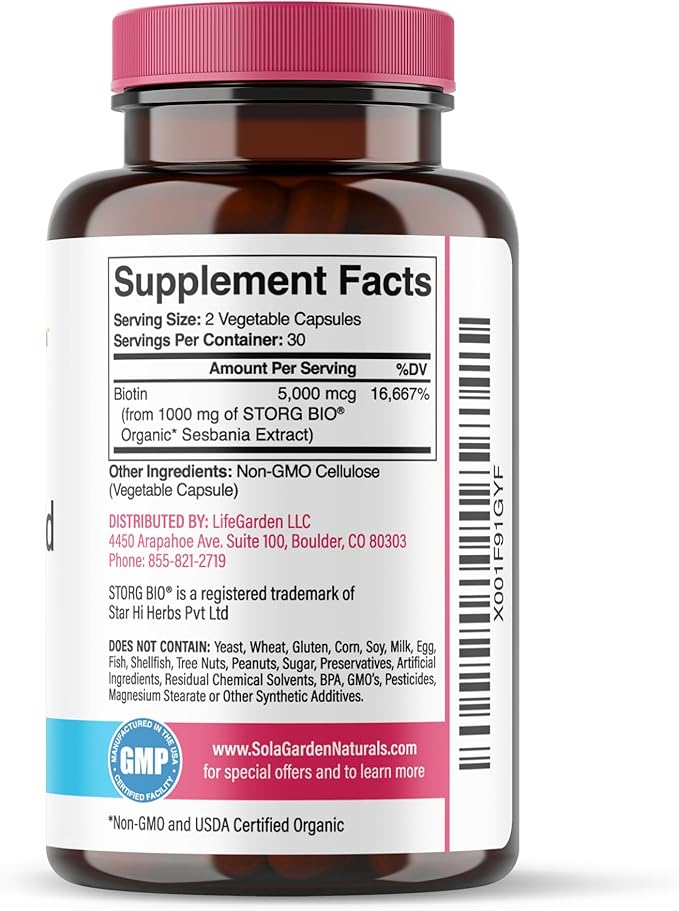 Whole Food Biotin Supplement - Contains Certified Organic Plant Based Biotin from Sesbania Agati Trees - by SolaGarden Naturals. May Support Hair Skin and Nails. 60 Non GMO Veggie Capsules.