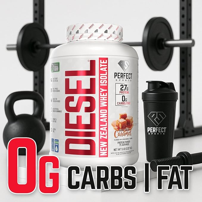 PERFECT SPORTS Diesel 100% New Zealand Whey Protein Isolate | Stevia Sweetened No Artificial Ingredients Keto | 0g Carb 0g Fat 27g Protein | 5 Pounds (Salted Caramel)