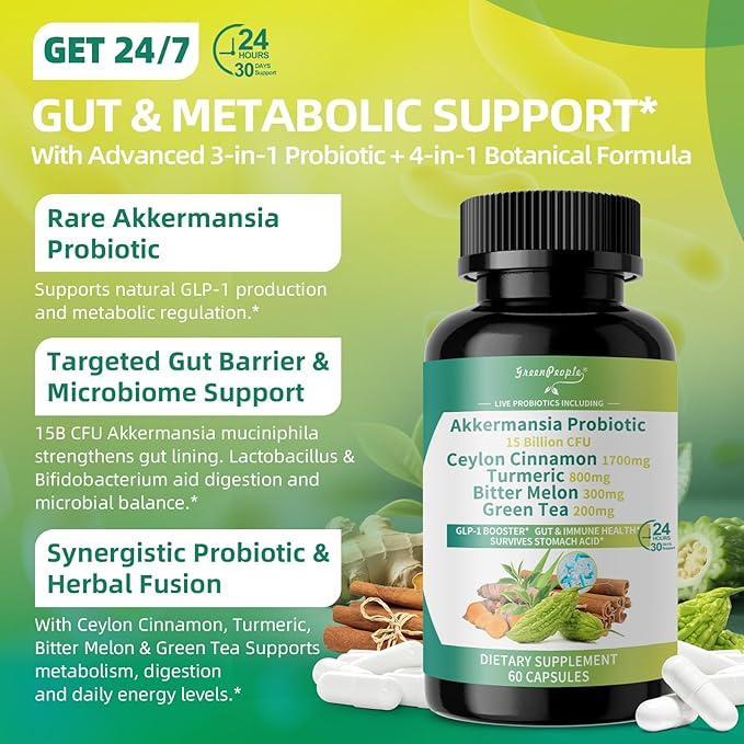 GREENPEOPLE Akkermansia Probiotics 15B CFU for Gut Function 120CT Probiotics Supplement with Ceylon Cinnamon Turmeric | Digestive Health &amp Metabolic Support | Women &amp Man | Vegan &amp Glute
