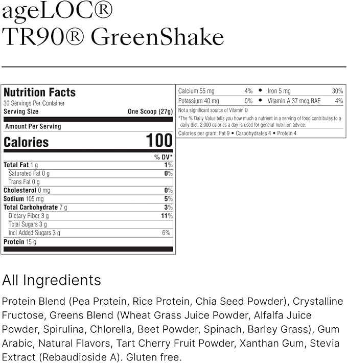 Nu Skin ageLOC TR90 GreenShake | Plant-Based Protein with Supergreens | Pea Rice &amp Chia Blend | Gluten-Free Soy-Free Lactose-Free | Supports Wellness | 30 Servings