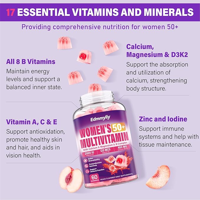 Womens Multivitamin Gummy 50 and Over - Chewable Multi Vitamin A C D3 E K2 &amp B Complex Folate Biotin Calcium Magnesium - Support Energy Immune &amp Over-All Health