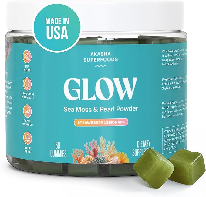 Akasha Superfoods Sea Moss Glow Gummies Hair Skin &amp Nails Vitamins with Seamoss Pearl Powder Vitamin E Aloe Vera Liposomal Vitamin C and Irish Sea Moss Gummies for Women &amp Men 60 Coun