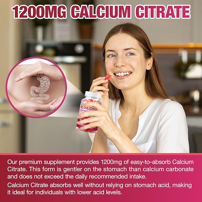 Calcium Citrate Gummies 1200mg - Sugar-Free Chewable Supplement for Women &amp Men with Bone Muscle &amp Immune Support - Raspberry Flavor 120 Count