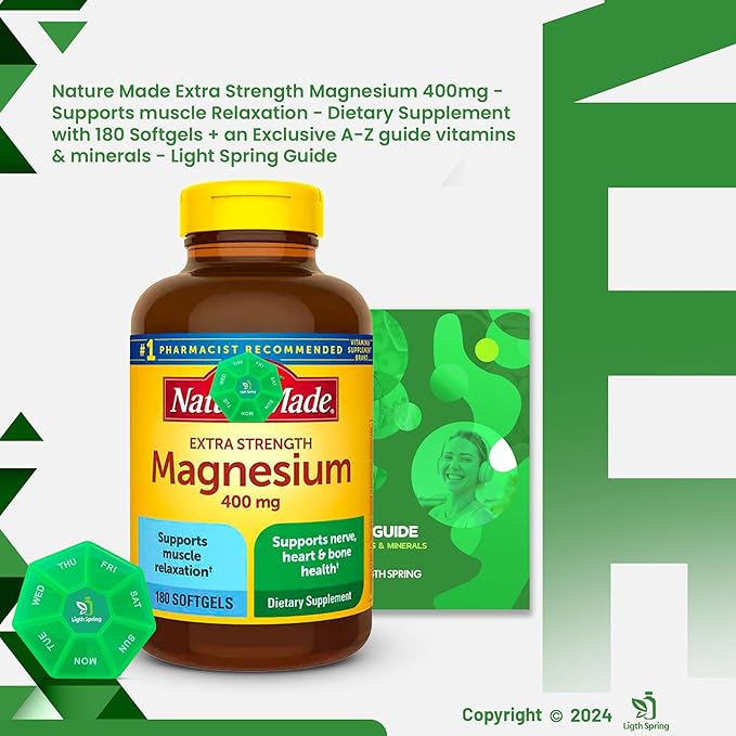 Magnesium 400mg 180 Count with Bundle Exclusive Vitamins &amp Minerals - A to Z - Better Ligth&ampSpring Guide + Weekly Pill Organizer (3 Items)