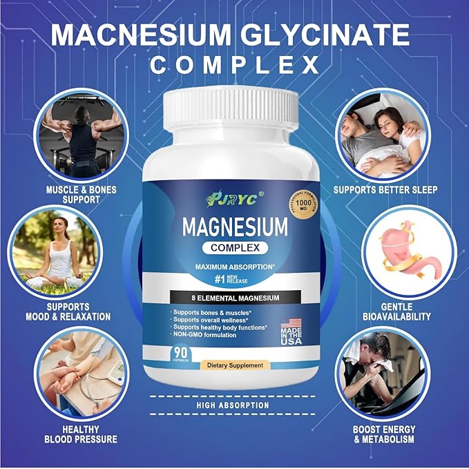 Magnesium Complex Supplement - 1000mg with 8 Magnesium Forms: Glycinate Citrate Malate Taurate &amp Orotate - Supports Muscle Function Bone Strength &amp Relaxation - Vegan Non-GMO - 180 Capsul