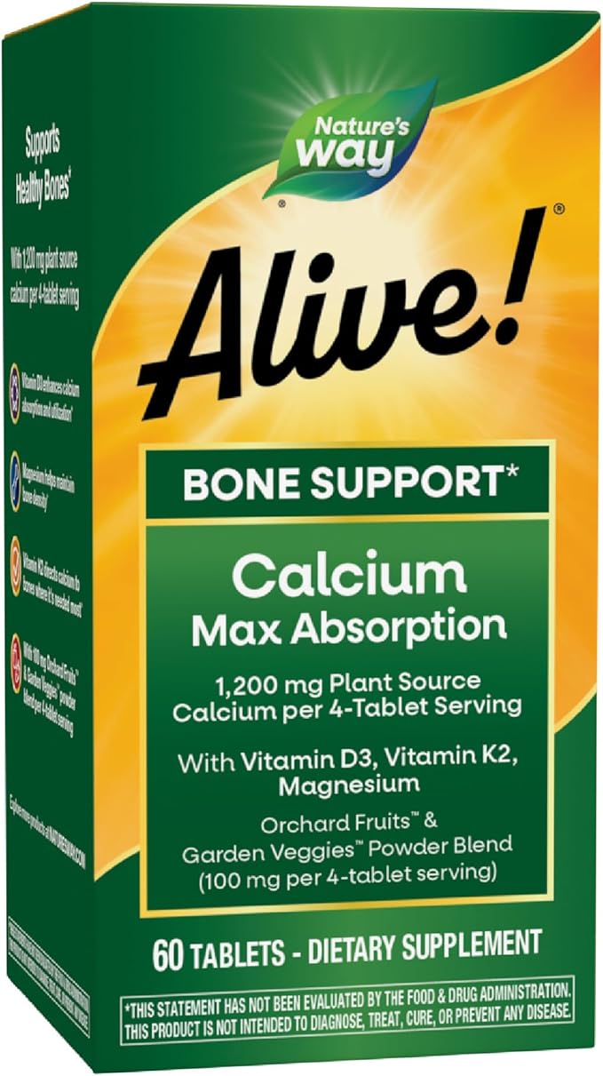 Nature’s Way Alive! Calcium Bone Support Tablets* Max Absorption Calcium Supplement with Vitamins D3 K2 &amp Magnesium Promotes Bone Health and Bone Density* Gluten Free 60 Tablets