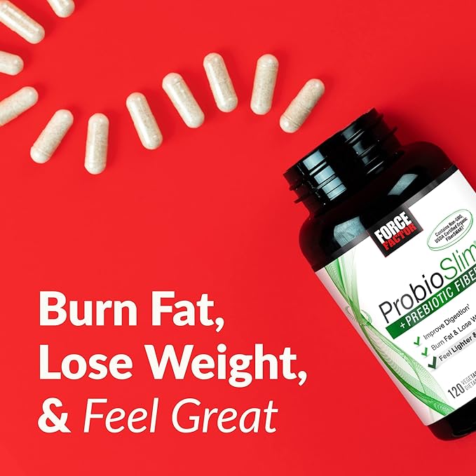 Force Factor ProbioSlim + Prebiotic Fiber Weight Loss Supplement for Women and Men Probiotic and Prebiotic Digestive Health Support with Green Tea Extract and Psyllium Husk Fiber 120 Capsules