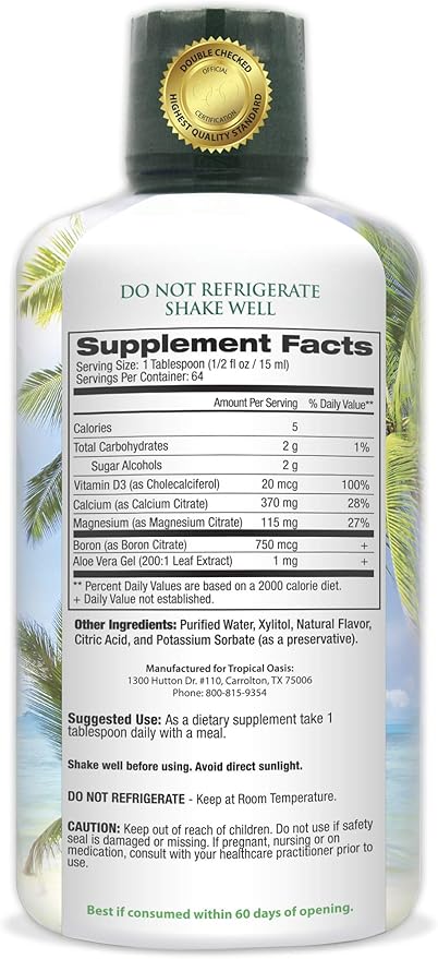 Tropical Oasis Liquid Calcium Magnesium - Natural Formula w/Support for Strong Bones - Liquid Vitamins w/Calcium Magnesium &amp Vitamin D - up to 96% Absorption by The Body. - 32oz 64 Serv.