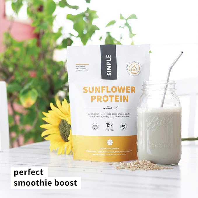 Sprout Living Simple Sunflower Seed Protein Powder 15 Grams Organic Plant Based Protein Powder Without Artificial Sweeteners Non Dairy Non-GMO Vegan Gluten Free Keto Drink Mix (1 Pound)