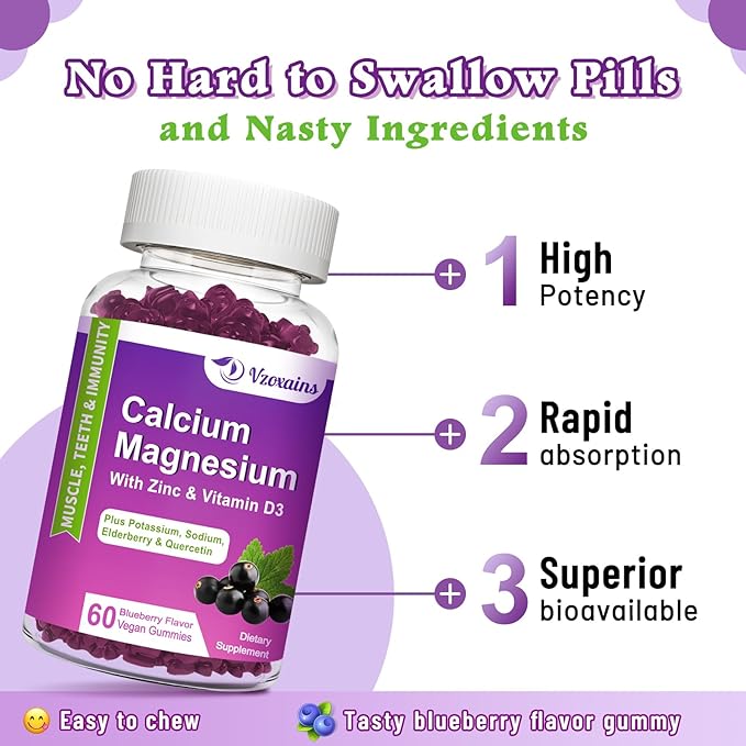 High Absorption Calcium Gummies Calcium Magnesium Zinc with Magnesium Glycinate Potassium Vitamin D3 for Women &amp Men- Blueberry Flavor 120 Cts