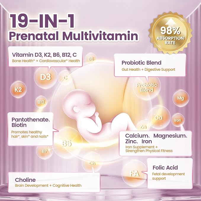 VivoNu 19 in 1 Prenatal Multivitamin Vitamin D3 K2 B6 B12 C with Folic Acid Choline Probiotic Iron Calcium Zinc &amp Magnesium Lemon Flavor+Vitamin D3 K2 10000 IU Softgels