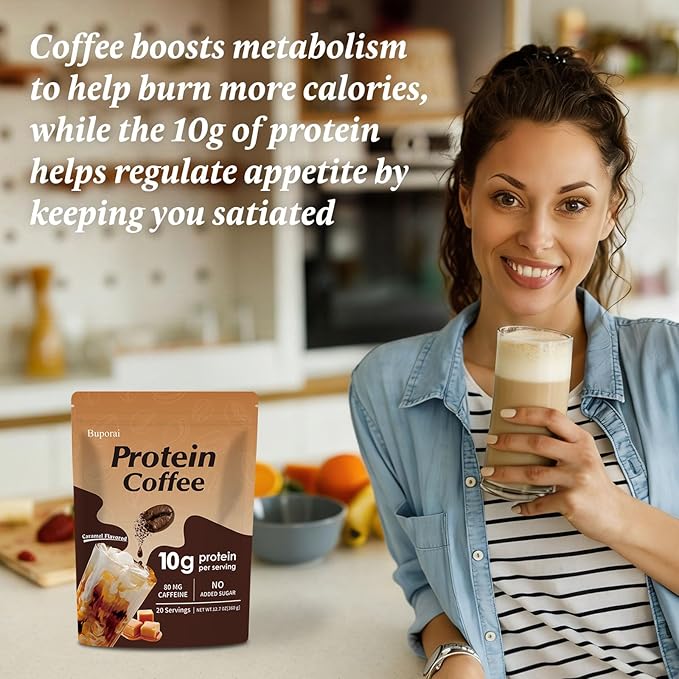Protein Coffee Powder - Caramel Protein Iced Coffee 0g Sugar Keto Friendly 80 mg Caffeine Per Serving - 20 Servings