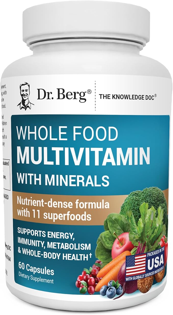 Dr. Berg Whole Food Multivitamin with Minerals - Daily Multivitamin for Men and Women - Includes Premium Whole Food Fruits and Vegetable Blend with Folate Alpha-lipoic Acid and More - 60 Capsules