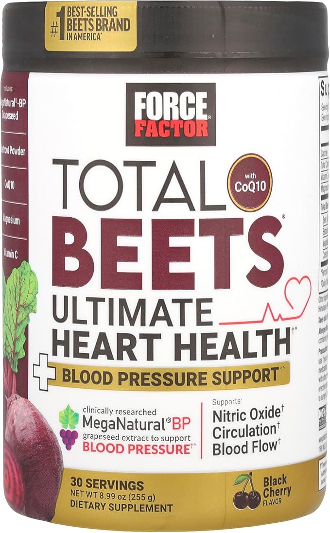 Force Factor Total Beets Ultimate Heart Health Blood Pressure Support with CoQ10 Beet Root Powder Grape Seed Extract Blood Pressure Supplement for Circulation Black Cherry 30 Servings