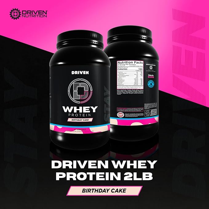 Driven WHEY- Whey Protein Powder: Delicious Clean Protein Shake- Improve Muscle Recovery with 23 Grams of Protein with Added BCAA and Digestive Enzymes (2lb Birthday Cake)