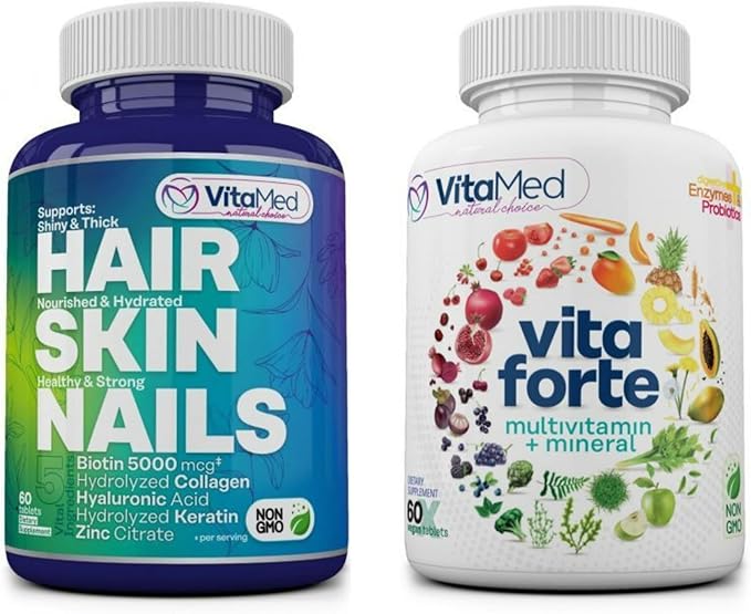 VitaMed Wellness Combo – Vita Forte Vegan Multivitamin + Hair Skin &amp Nails | Complete Daily Nutrition for Energy Immunity Radiant Skin &amp Hair – Halal Non-GMO Made in USA (2 Bottles Bundl