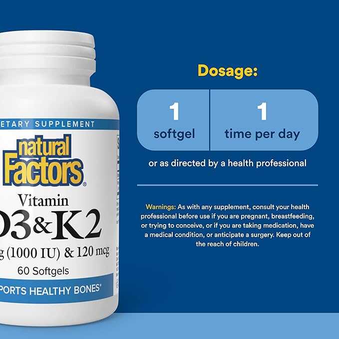 Natural Factors Vitamin D3 &amp K2 1000 IU and 120 mcg Supports Bone and Vascular Health 60 Softgels