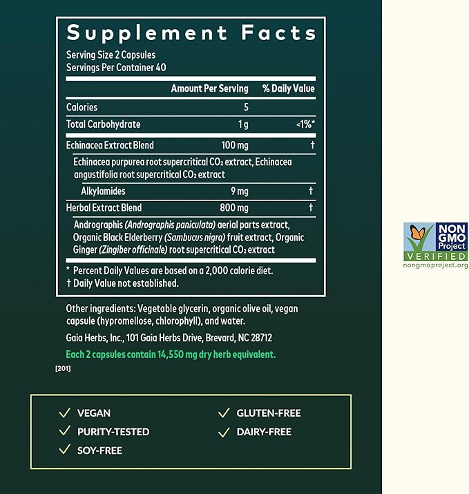 Gaia Herbs Quick Defense - Fast-Acting Immune Support Supplement* - Echinacea Black Elderberry Ginger &amp Andrographis - 80 Vegan Liquid Phyto-Caps (40 Servings)