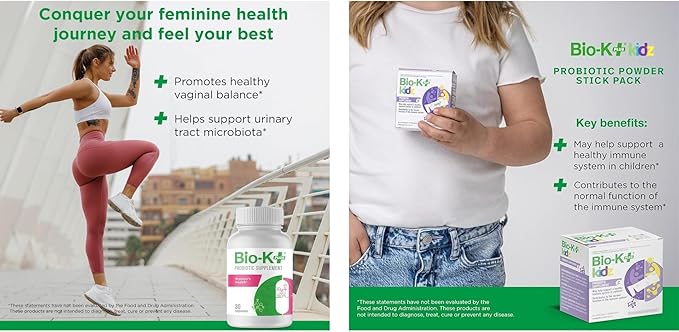 Bio K+ Women's Health Probiotic Bundle – Vaginal &amp Urinary Tract Support 2B CFU + Daily Probiotic for Kids with Limosilactobacillus fermentum LC40® Vitamin D3 28 Packets Non-GMO Gluten-Free