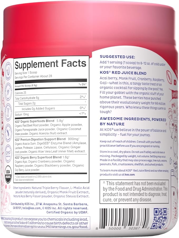 KOS Reds Superfood Powder for Antioxidants - USDA Certified Organic Beet Root Goji Berries Acai Pomegranate Coconut Water &amp Digestion Enzymes- Goji Berry Popsicle Flavor Juice Mix - 28 Serving