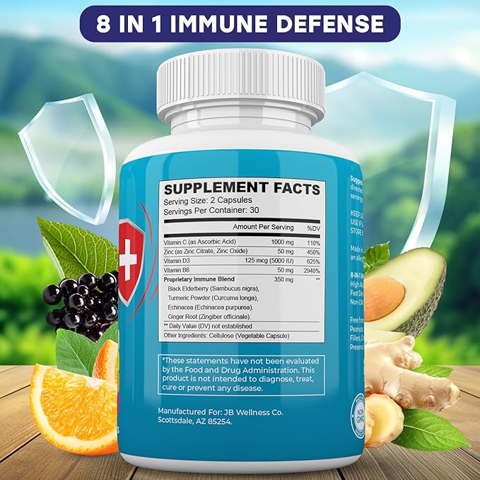 Immune Support 8 in 1 Capsules - Zinc Supplement Vitamin D3 Vitamin C and Elderberry - Immune Booster Supplement with Echinacea Ginger Root and Turmeric - [3-Pack 180 Count]
