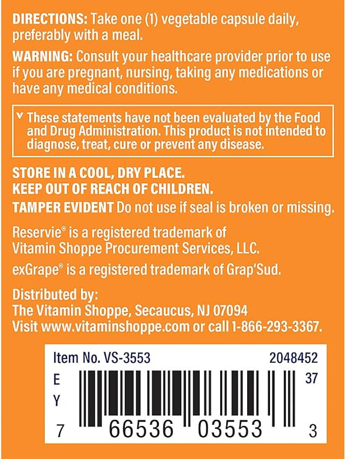 The Vitamin Shoppe Trans-Resveratrol 500mg - Cardiovascular &amp Longevity Support | Potent Antioxidant | 60 Veggie Caps | Non-GMO Vegan