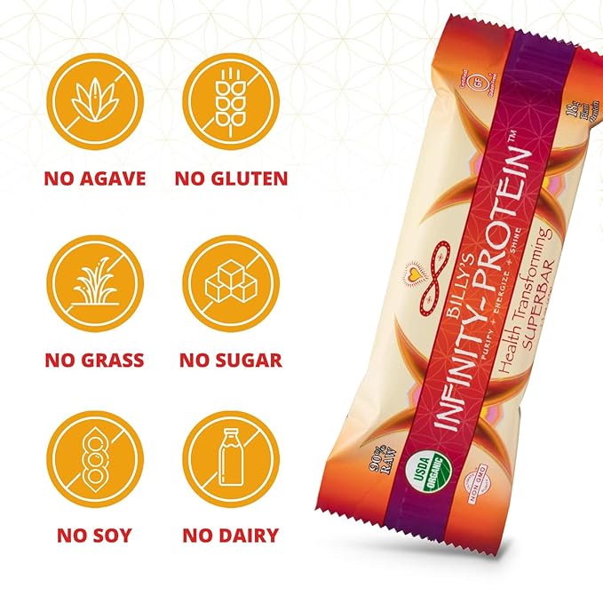 Billy's Infinity Plant Based Protein Bars Healthy Snacks with 18g of Plant Protein Organic Gluten Free Dairy Free Soy Free Sweetened with Dates and Honey (12 Bars)