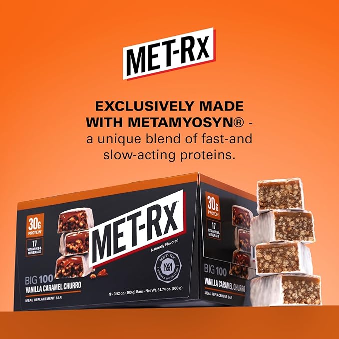 MET-Rx Big 100 Colossal Protein Bars Vanilla Caramel Churro Meal Replacement Bars Brown 9 Count