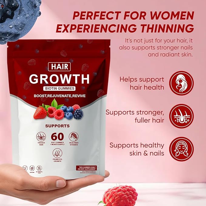 Hair Growth Gummies for Black Women Promote Hair Strength &amp Growth with Biotin for Women &amp Men Delicious Berry Flavor 60 Count