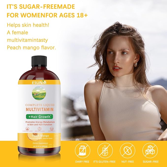 Complete Liquid Multivitamin + Hair Growth Promotes Energy Metabolism&amp Skin and Hair Function| Vitamin C D | B Vitamins | Help to Thicker Hair Wrinkles Fine Lines Skin Care