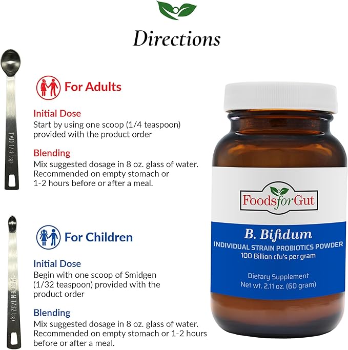 Foods For Gut Bifidobacterium Bifidum Probiotic Powder 100 Billion cfu's | Made in USA | No Additives | Digestive &amp Immune Support | High Potency | B. Bifidum | 60 Grams (2.11 Oz)