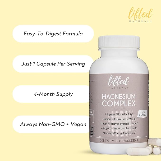 Magnesium Complex - Lifted Naturals Magnesium Supplement w/Bisglycinate Malate Taurate - 120 Capsules - Bioavailable Magnesium Formula for Mood Sleep Energy Support*