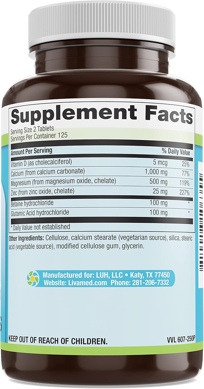 Livamed - Chelated Cal-Mag Plus Betaine HCl Veg Tabs 250 Count