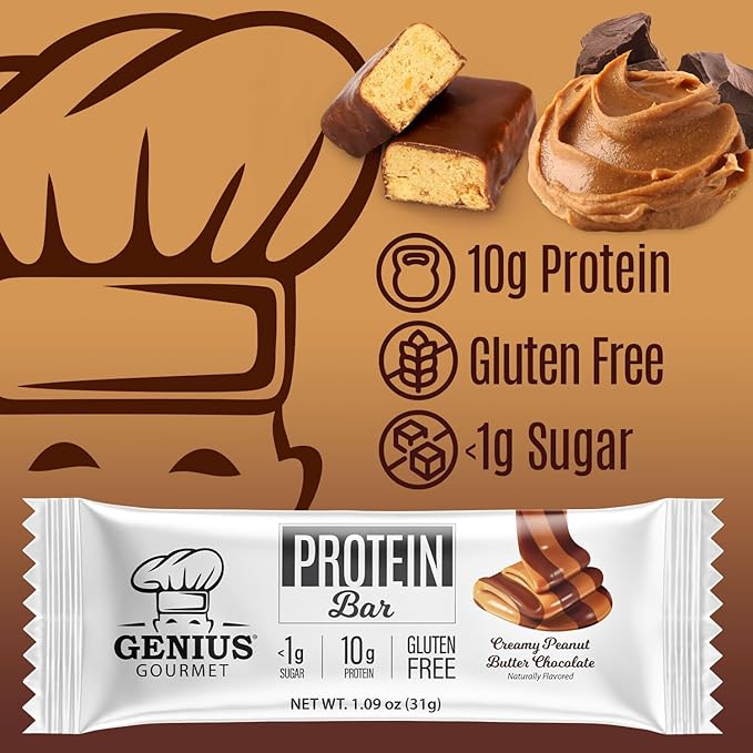 Genius Gourmet Protein Bar Chocolate Peanut Butter Keto Snack Low Carb Low Sugar &amp Gluten Free Protein Snacks for Adults 10G of Whey Protein per Protein Bar 5 Net Carbs 10 Count