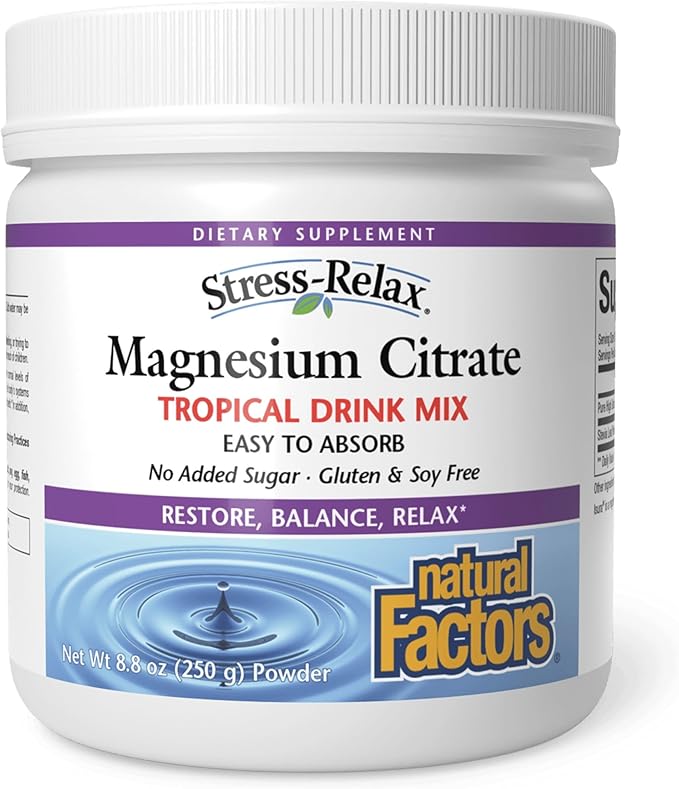 Stress-Relax Magnesium Citrate Drink Mix by Natural Factors Restores Normal Levels of Magnesium &amp Balances Calcium Intake Non-GMO Tropical Flavor 8.8 oz (75 servings)