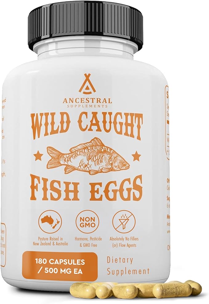 Ancestral Supplements Wild Caught Fish Eggs 2400mg Omega-3 Supplement Supports Brain Heart Fertility and Inflammatory Health Whole Food Source of Vitamin D K2 and A Non-GMO 180 Capsules