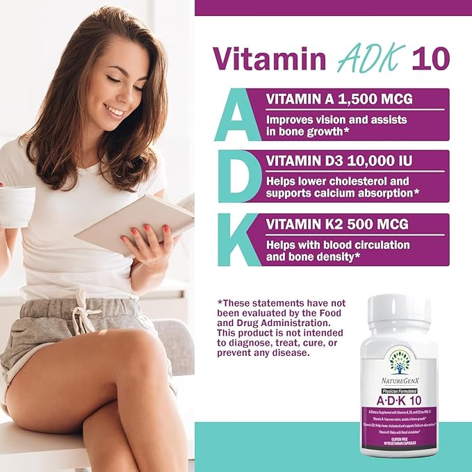 ADK10 – ADK Vitamin Supplement | High Potency Vitamins A D3 (10000 IU) &amp K2 MK-7 for Bone Heart &amp Immune Health | 90 Tiny Capsules | 3 Month Supply | Non-GMO Gluten Free