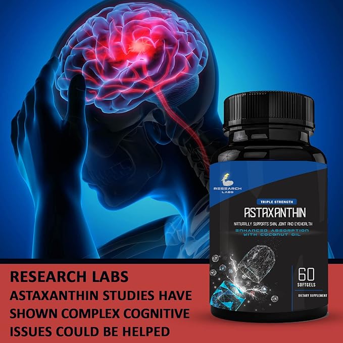 Research Labs Triple Strength Natural Astaxanthin 12mg Softgels + Extra Bottle Organic Coconut Oil for Enhanced Absorption Powerful Antioxidant Supports Eye Joint &amp Heart Health 120 Total Softgels