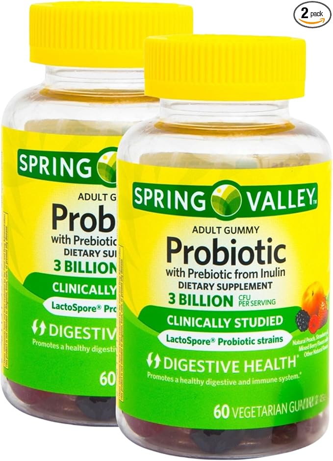 Probiotics Women and Men – 60 Vegetarian Gummies 3 Billion CFU with Inulin Digestive Health Supplement Assorted Peach Strawberry Mixed Berry Flavors (Pack of 2)