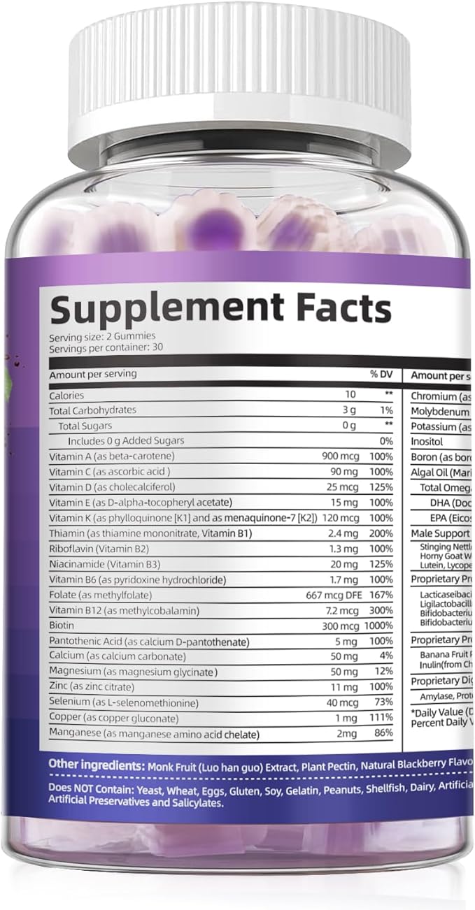 2-Pack Multivitamin for Men Mens Multivitamins Gummies w/Omega-3 Probiotics Inositol Folate Male Support Blend Vitamins A C D E B - Support Heart Brain Muscle Energy Sugar-Free Gummy