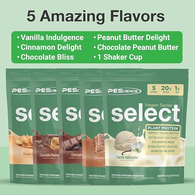 PEScience Select Vegan Protein Powder Plant Based Protein Powder Amazing Taste Smooth Texture Pea and Brown Rice Blend Dairy Free Lactose Free Gluten Free – 5 Flavor Variety Pack 25 Servings