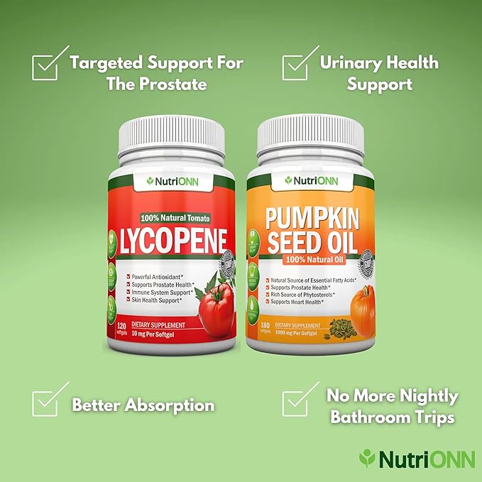 NutriONN Pumpkin Seed Oil Softgels Lycopene Capsules Combo - Targeted Support for Prostate &amp Urinary Health