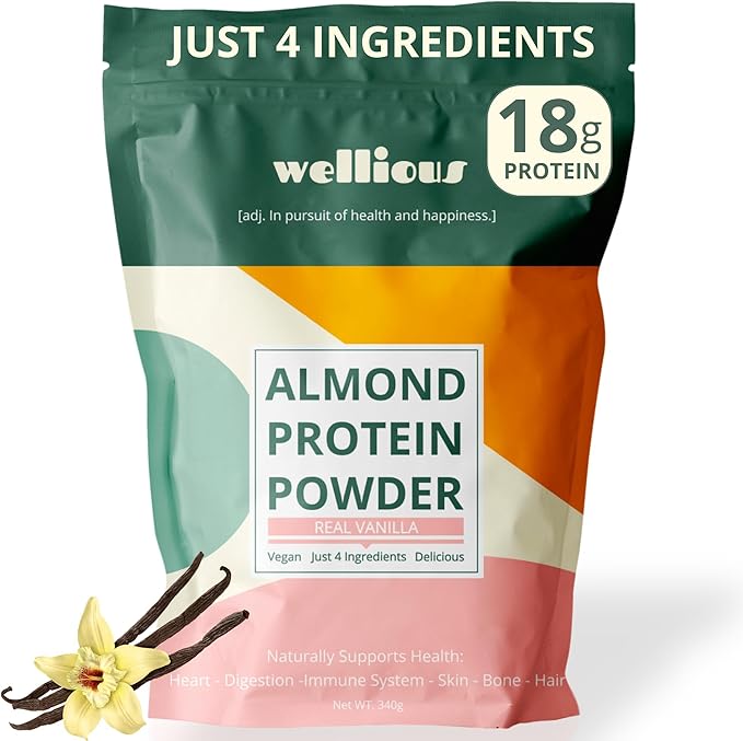 wellious Almond Protein Powder (Vanilla) - 18 Grams of Pure Healthiest Vegan Protein for Women &amp Men - Perfect Gluten-Free Soy-Free &amp Smooth Gut Friendly Protein Powder for Sports Nutrition