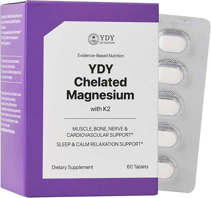 YDY Chelated Magnesium with K2 - Magnesium 200mg Vitamin D3 25mcg K2 100mcg - High Absorption Supports Muscle Bone Nerve Sleep - 60 Tablets