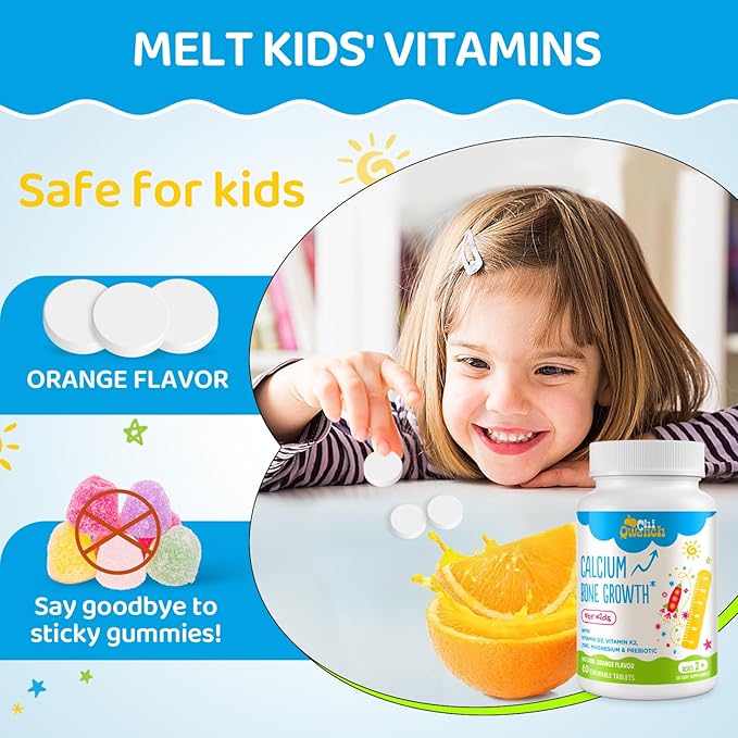 500 MG Calcium Supplement with Vitamin D3 &amp K2 Zinc Magnesium &amp Prebiotics. Kids Vitamins for Kids' Height. Bone Strength High Absorption Orange Chewables Non-GMO Gluten Free 60 Tabs