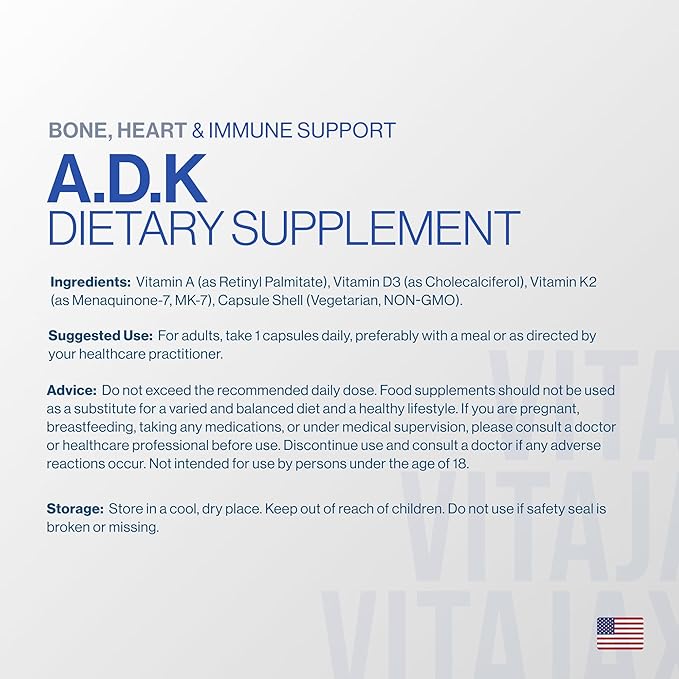 ADK - Vitamin ADK Supplement 90 Capsules - High Potency Vitamin A D3 (5000 IU) K2 as MK-7 for Bone Heart &amp Calcium Absorption – Non-GMO Gluten Free (3 Month Supply)